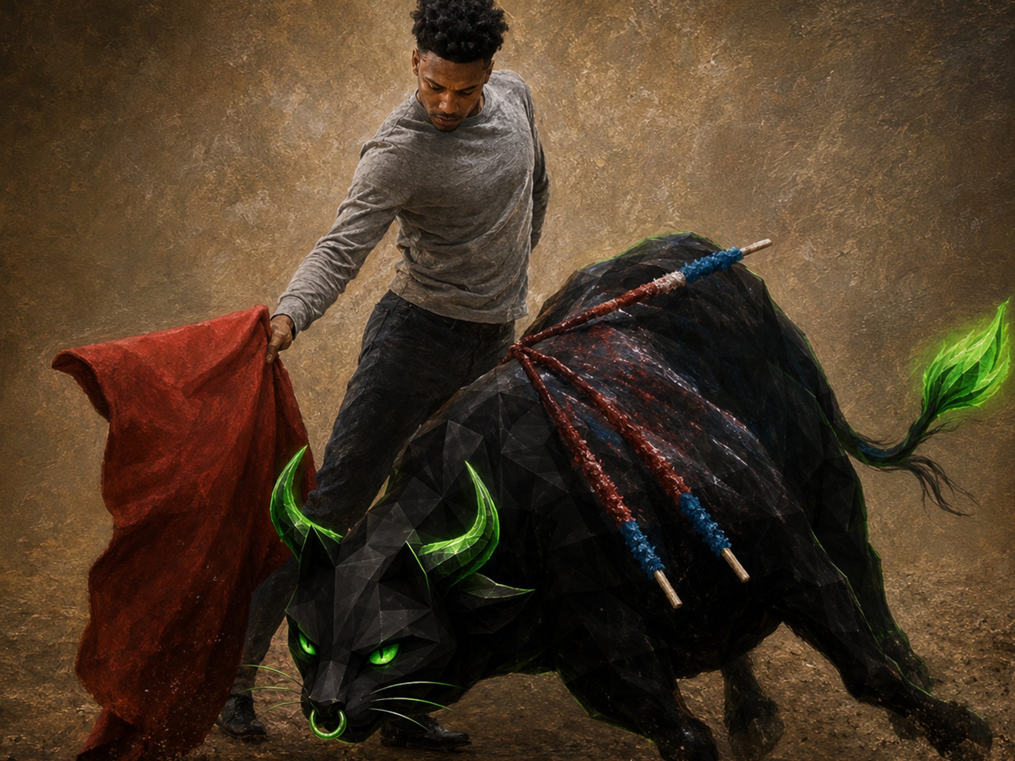 Matador waving a red cape at a low-poly CATBULL