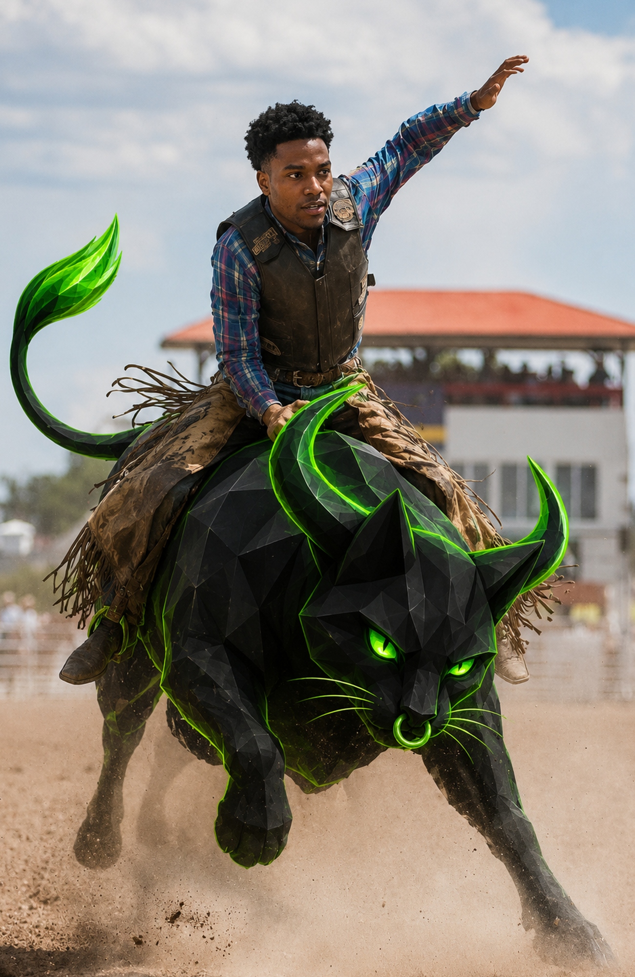 Rodeo rider holding on to a charging low-poly CATBULL